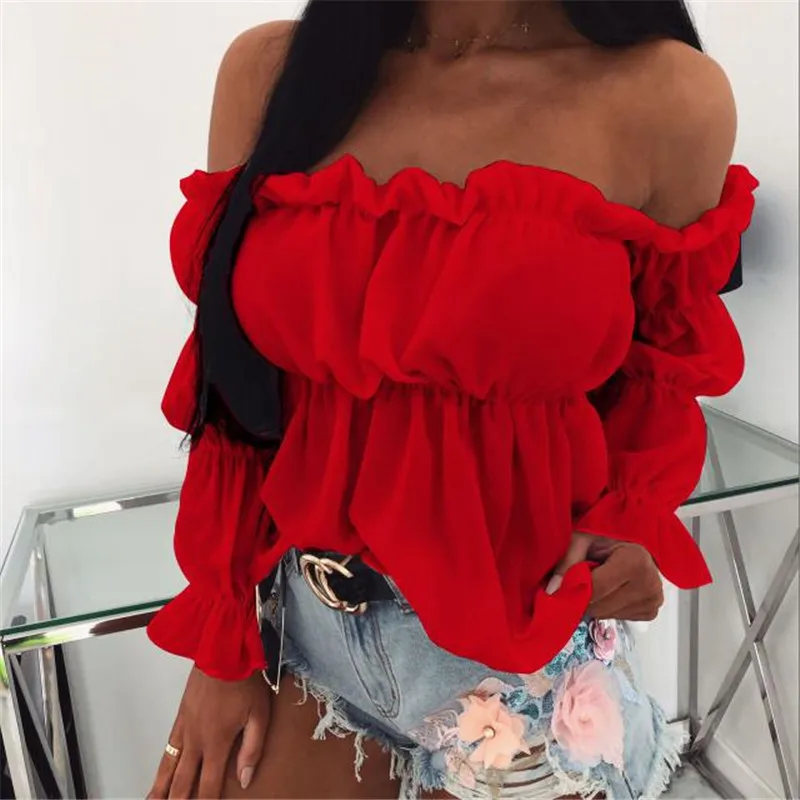 

2020 New sexy off shoulder blouse women loose long sleeved perspective screen yarn chiffon office shirt summer short tops
