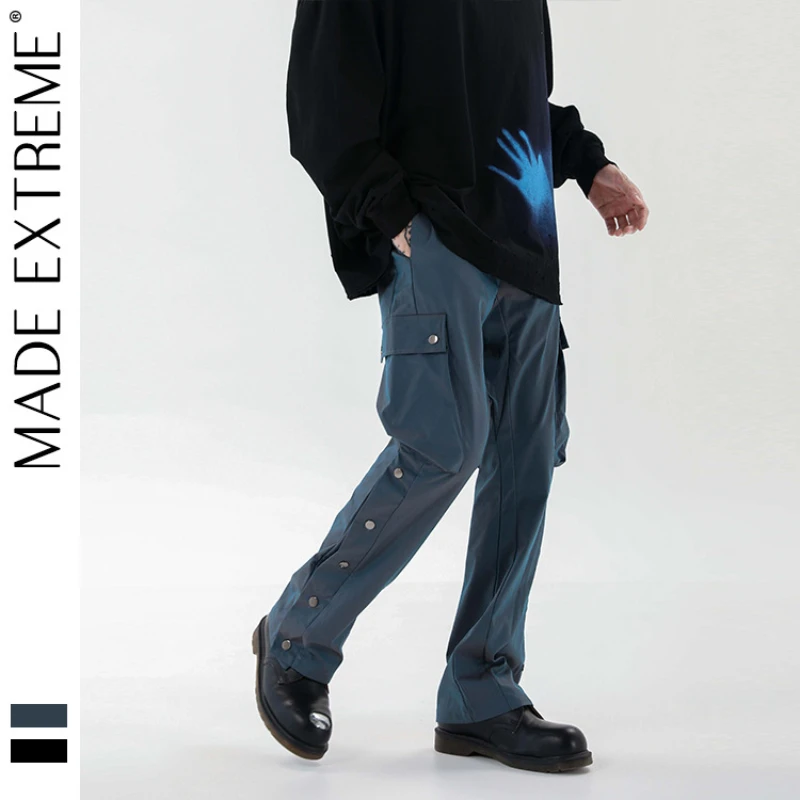 

MADE EXTREME Side button spliced casual pants high street Flare Pants joggers men Hip Hop cargo sweatpants men streetwear 799