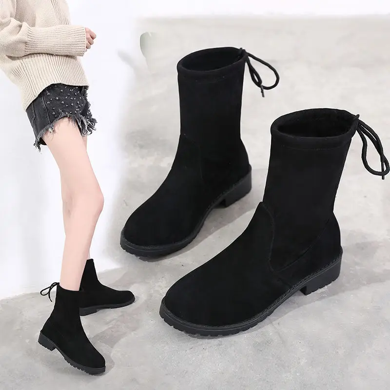 

Spring Autumn Korean Version of Thick Heel Flat Short Sleeve Elastic Boots Female British Style Single Shoes Women Plus Velvet