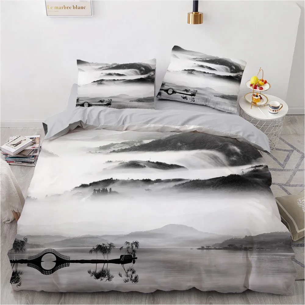 

3D Mountains Beddings Custom Landscape Quilt Cover Sets Black Comforther Covers Pillow Covers 200*230cm Full Twin Double Size