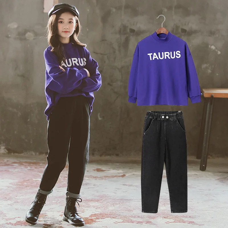 

New Purple 2pcs Clothes Suit Spring Summer Children Clothes Baby Girls Sweatshirts + Pants Kids Teenagers Outwear High Quality