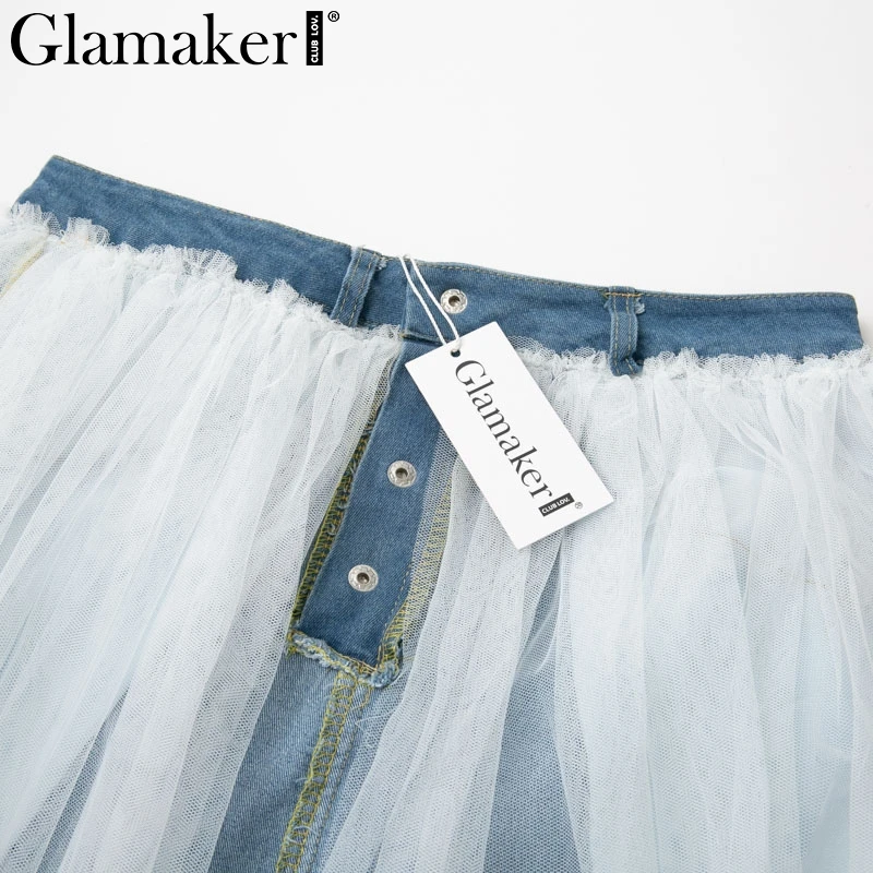 Glamaker, сетчатая прозрачная Джинсовая юбка в стиле пэчворк, сексуальная летняя белая юбка на пуговицах с высокой талией, женская уличная джинсовая юбка на пуговицах