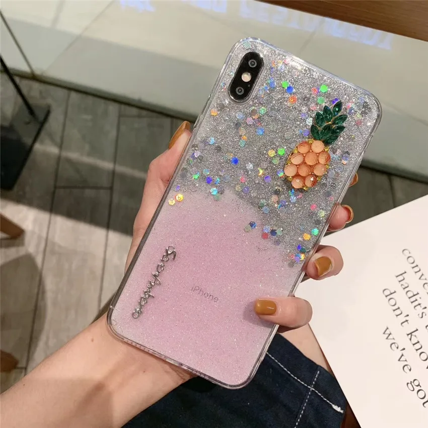 Блестящая Обложка с блестками 3D Ананас милый телефон чехол для iPhone 6 6s 7 8 Plus X Xr Xs Max