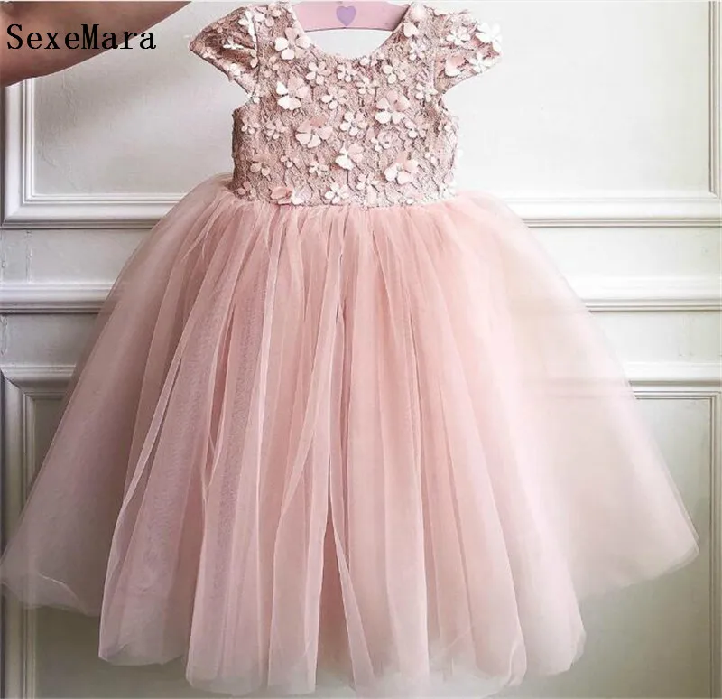 

Cute Infant Toddler Clothes Lace Tulle Baby Girl First Birthday Party Dress Children Pageant Gown Cap Sleeves