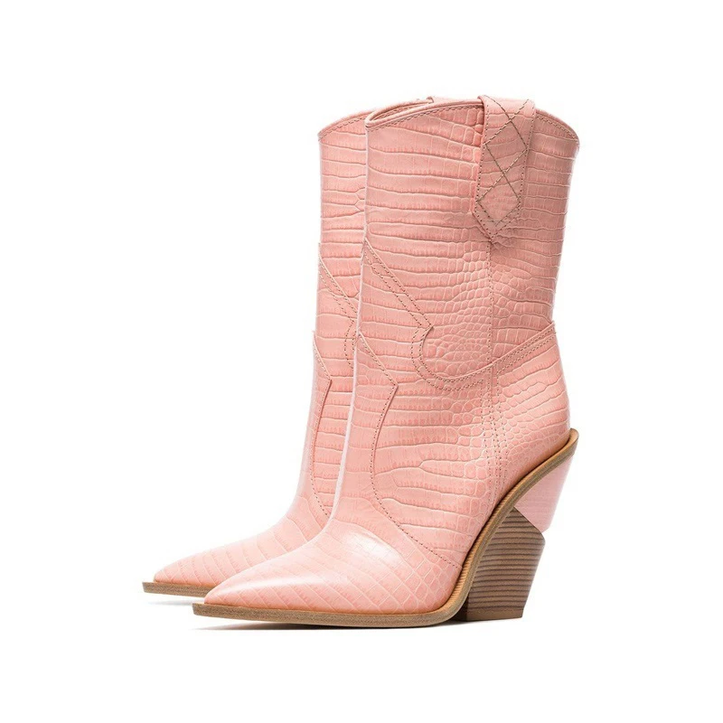 Женские ковбойские ботильоны с рельефным тиснением Черные из микрофибры острым