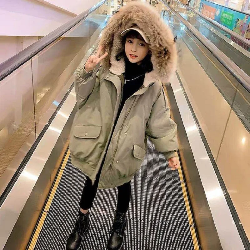 

Children's Winter Clothing Down Jacket for Girl Mid-length Padded Thicken Fur Collar Kid's New Year Christmas Hooded Outerwear