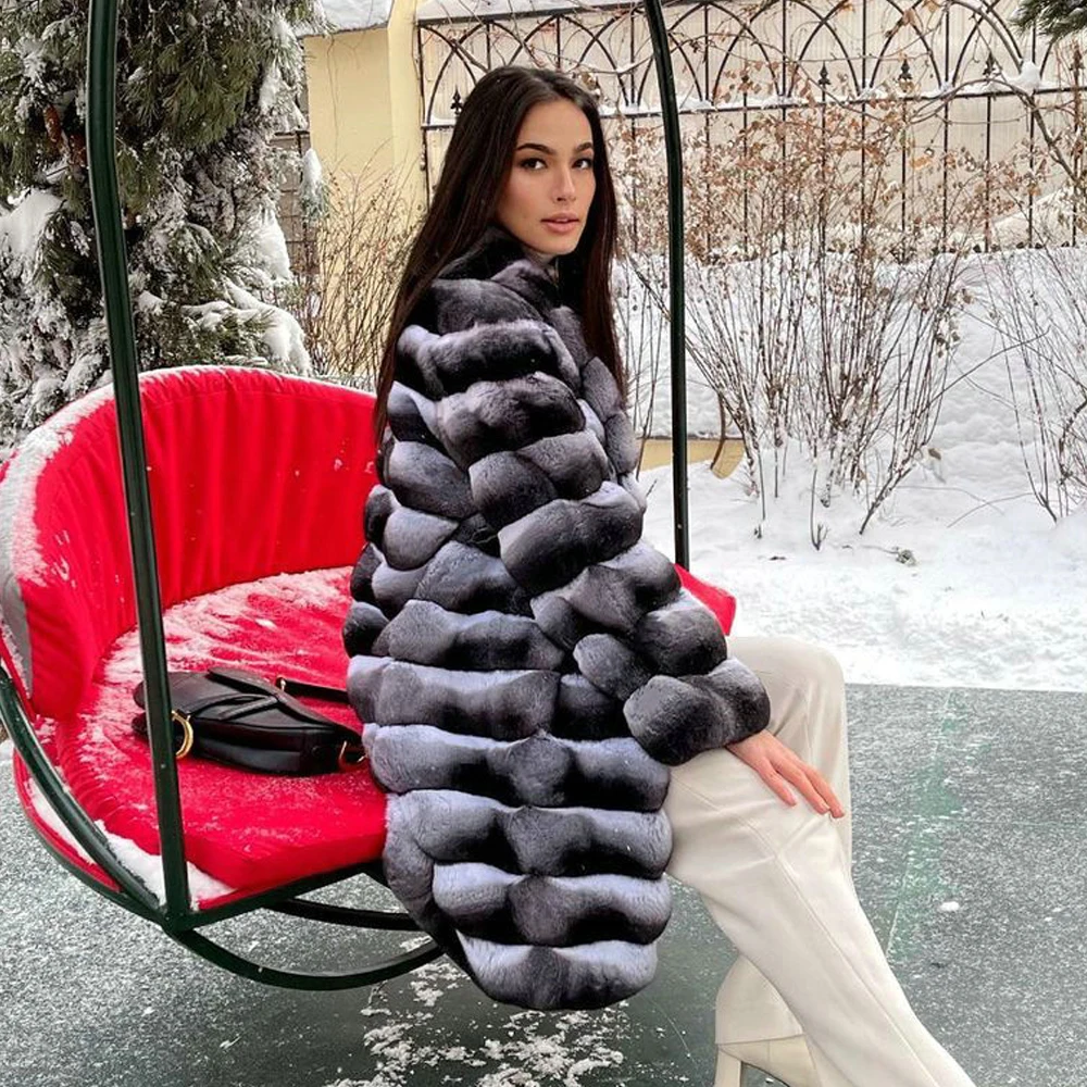 Luxury Women Natural Fur Coats Winter Outwear High Quality Genuine Full Pelt Rex Rabbit Fur Coat with Lapel Collar Warm Overcoat