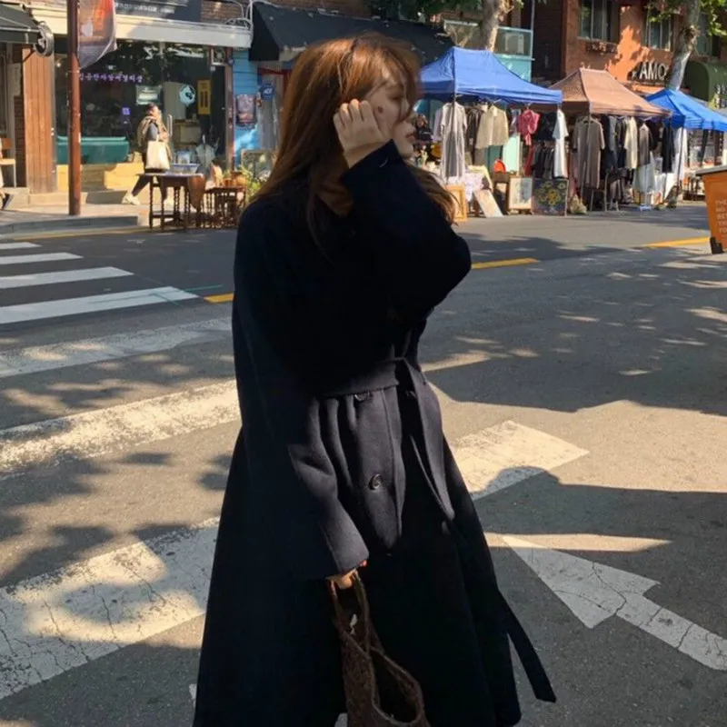 

Women Winter Yellow Long Wool Jacket Coat Single Breasted Woolen Overcoat Belt Slim Waist Outerwear Cardigan