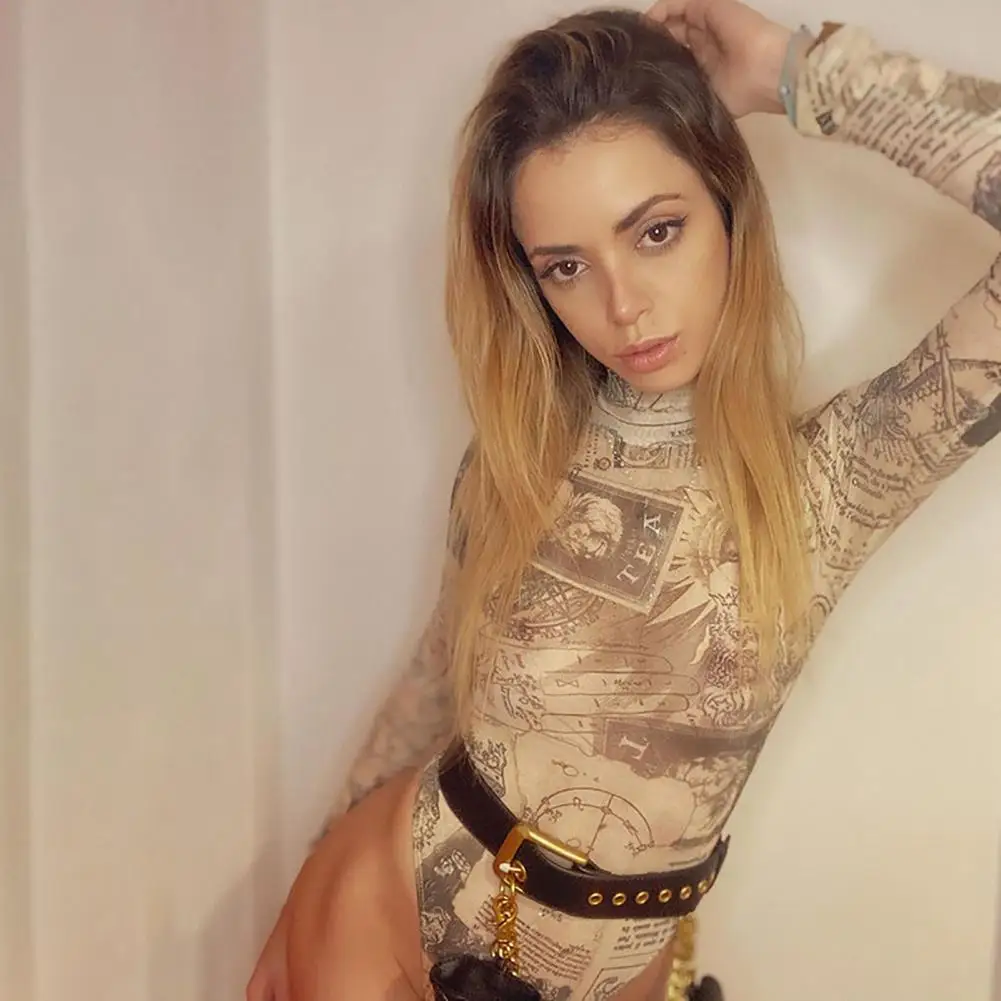 

Women Long Sleeve Mock Neck Newspaper Print Sheer Slim Bodysuit Romper Jumpsuit