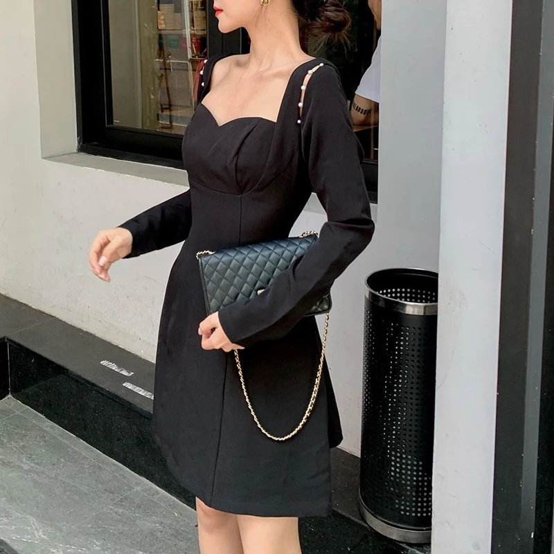 

Darlingaga Fashion Elegant Square Neck Black Dress Long Sleeve Pearl Hollow Out Autumn Sexy Party Dress Female Korean Solid Slim