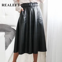 realeft autumn winter 2021 new faux pu leather mi long skirt with belted high waist vintage mid calf chic umbrella a line skirts