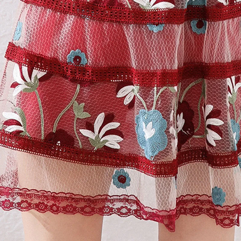 

Summer Woman Embroidery Dress Ruffles V-neck Ladies A-line Mini Skirts Short Sleeve Floral Slim Mesh Party Dress Skirt Woman