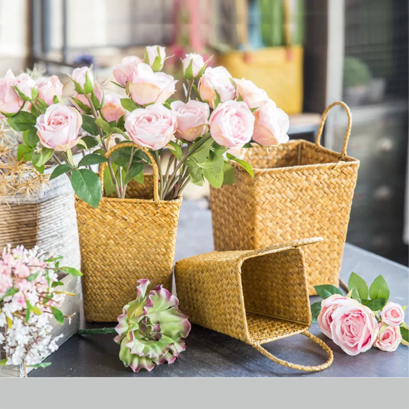 

Household Foldable Woven Toys Laundry Storage Basket Plant Wicker Hanging Baskets Garden Flower Vase Kitchen Storage Organizer