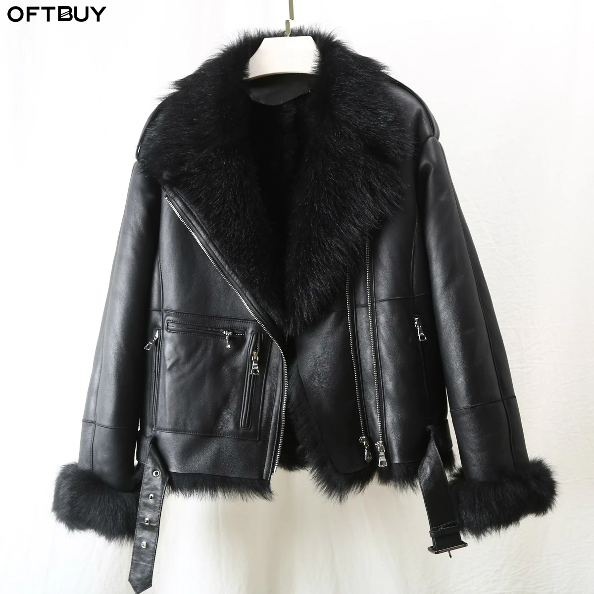 Куртка OFTBUY двусторонняя из натуральной овчины Байкерская зимняя уличная одежда