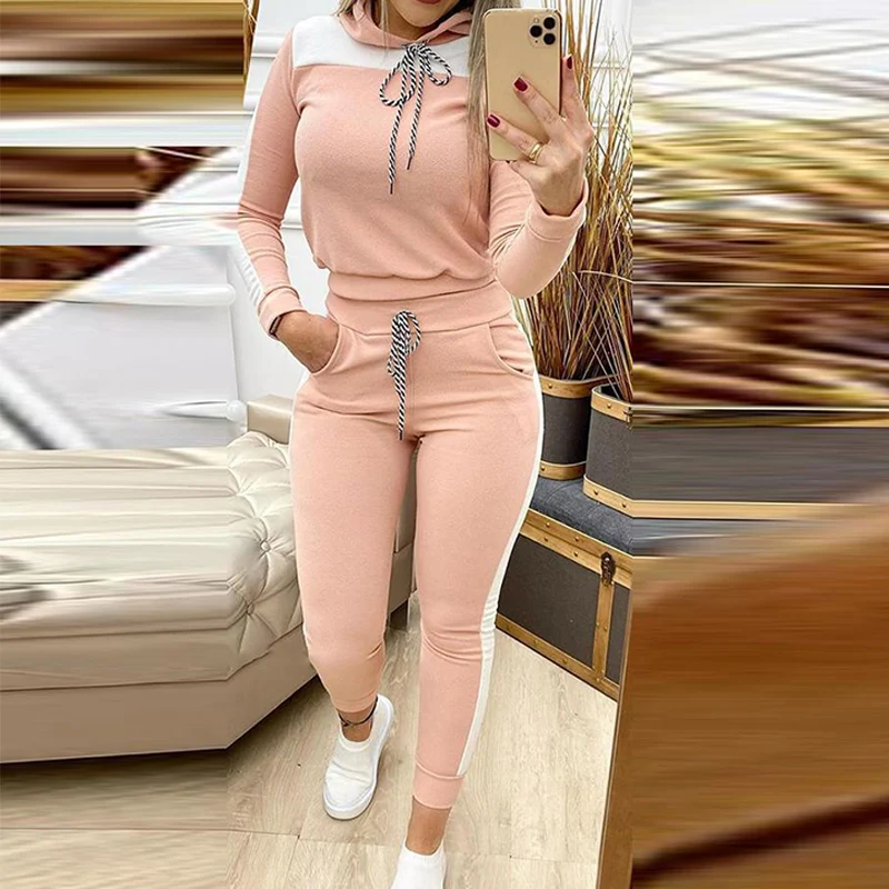 

2 Piece Set Women Hoodies Pant Clothing Set Ladies Solid Stripe Tracksuit Women Set Top+Pants Suit Female