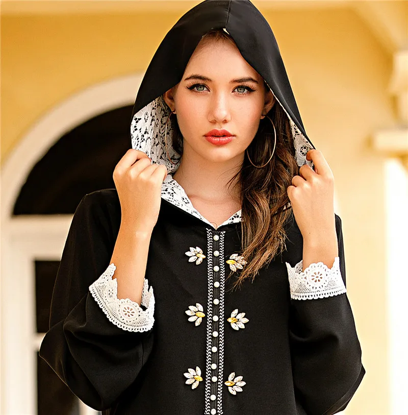 Элегантное марокканское традиционное мусульманское женское модное платье с капюшоном дизайнерское кружевное платье стразы на Ближний Вос...