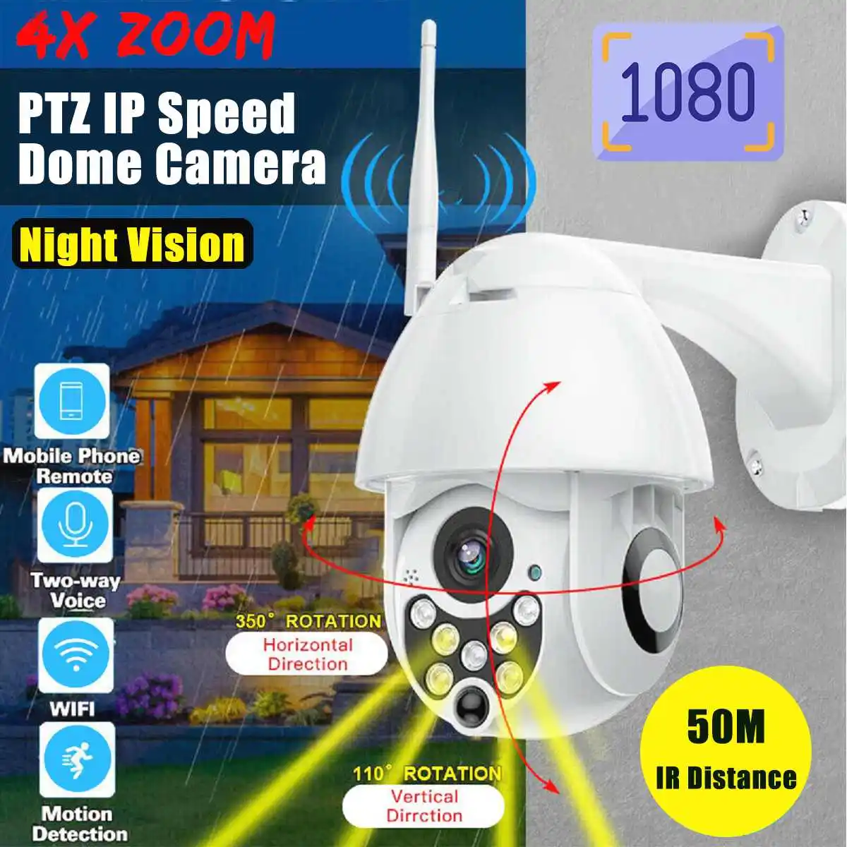 

PTZ IP Camera 4x Zoom Two-Way Audio Night Vision1080P HD Camera Motion Sensor Home Security Surveillance WiFi Camera