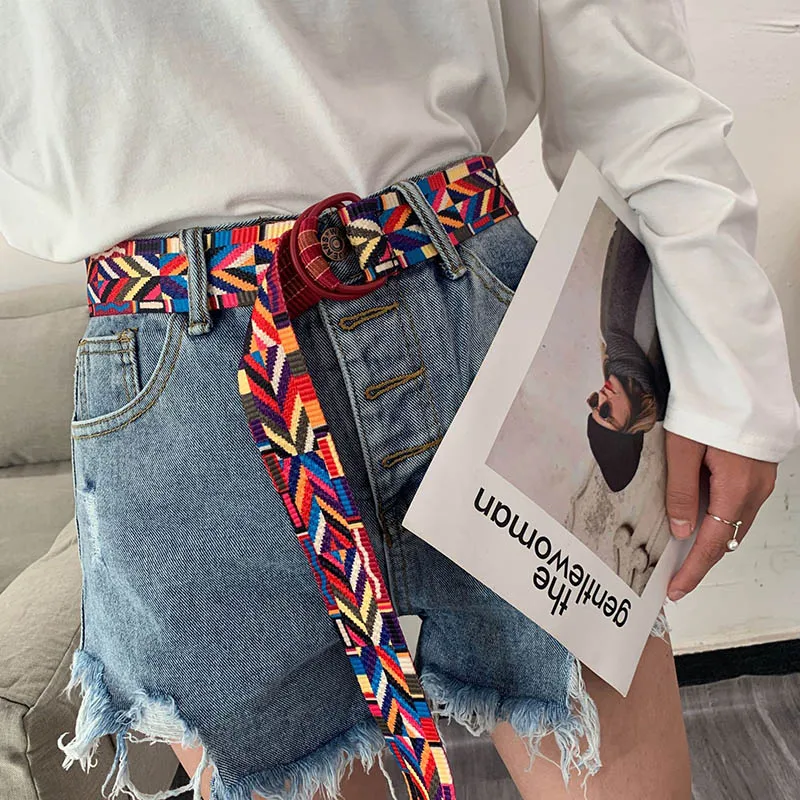 Ethnic Style Fashion Canvas Printed Striped Belt D Ring Buckle Women Waist Strap Jeans Dress Female Decoration Waistband