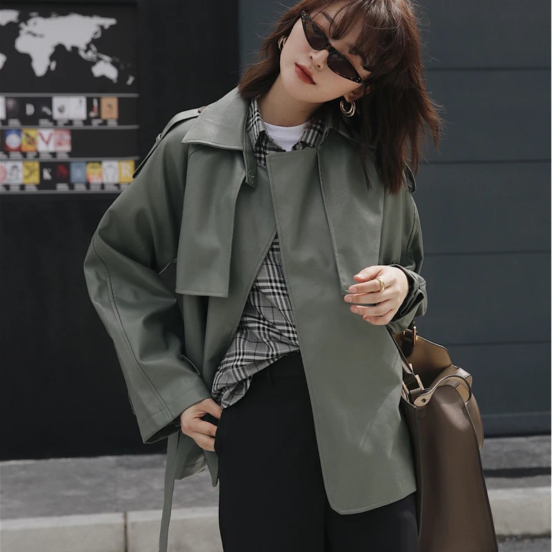 Hzirip Harajuku Matcha-green Women Retro Motorcycle PU Leather Plus Vintage Lace-Up Jackets Chic All-Match Female Women Outwear