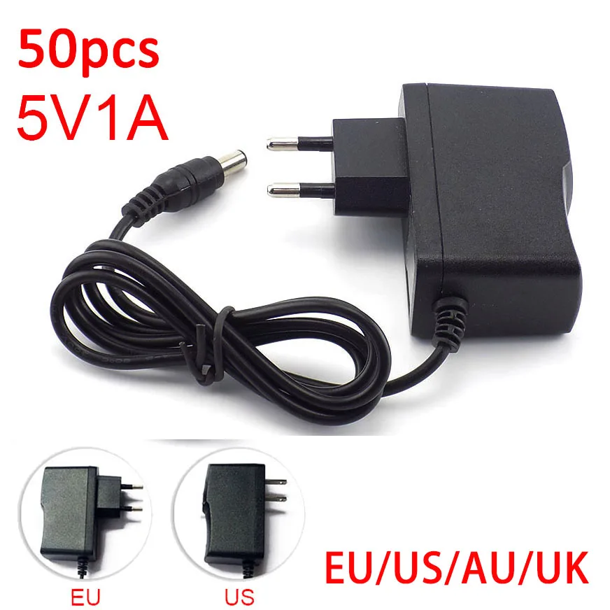 

50 шт в наборе, 5V 1A 1000mA AC DC Мощность адаптер питания EU US AU Британский конвертер штепселя адаптер зарядное устройство 5,5 мм x 2,1 мм для Светодиодн...