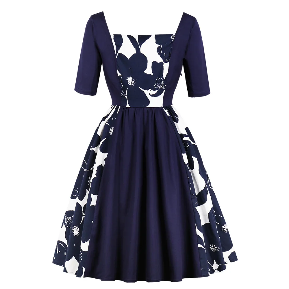 Темно синее винтажное Повседневное платье 50 s рождественское с цветочным принтом