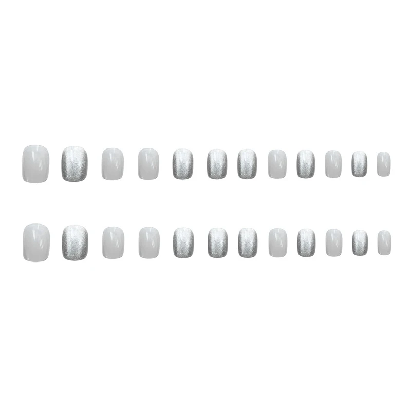 

Short Fake Nails Stickers Silver Flashing Nail Stickers Finished Nails 24 Pieces With Glue STTX889