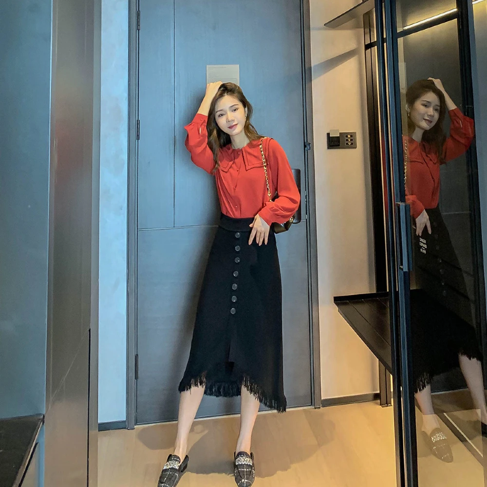 

New Autumn Fashion Women Skirt With Button Korean Style Casual Sweet Asymmetrical Slim Tassel Mid-Calf Skirts