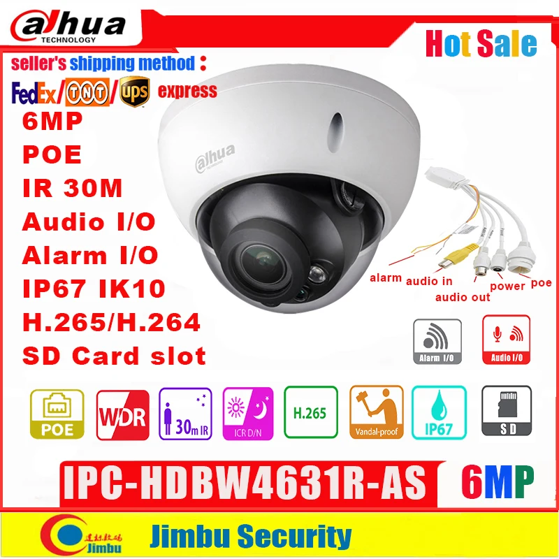 

IP-камера Dahua, POE, 6 МП, Φ, H.265, IR30m, встроенная SD-карта, аудио и интерфейс сигнализации, IP67, IK10, камера видеонаблюдения