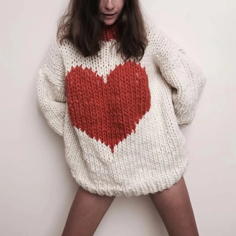 TWOTWINSTYLE Patchwork Heart Hit Color Women's Sweater Lantern Long Sleeve O Neck Oversized Female Sweaters 2019 Autumn Fashion | Женская