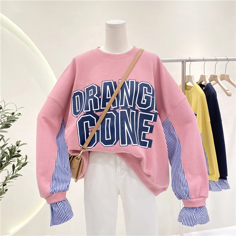 

Oversize Women Pullovers Sweatshirt 2021 New Spring Autumn Patchwork Fake Two Piece Striped O-neck Long Sleeve Hoodies Top