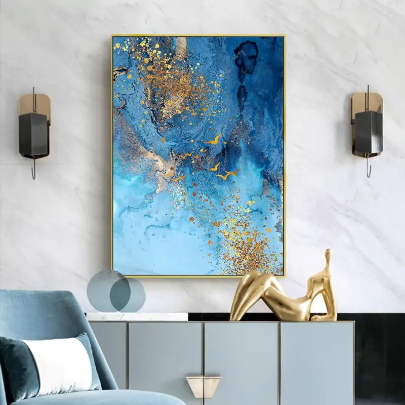 

Nordic Abstract Luxury Canvas Painting Abstract Blue Gold Line Poster Wall Art Aesthetic Picture Decoration Living Room Bedroom