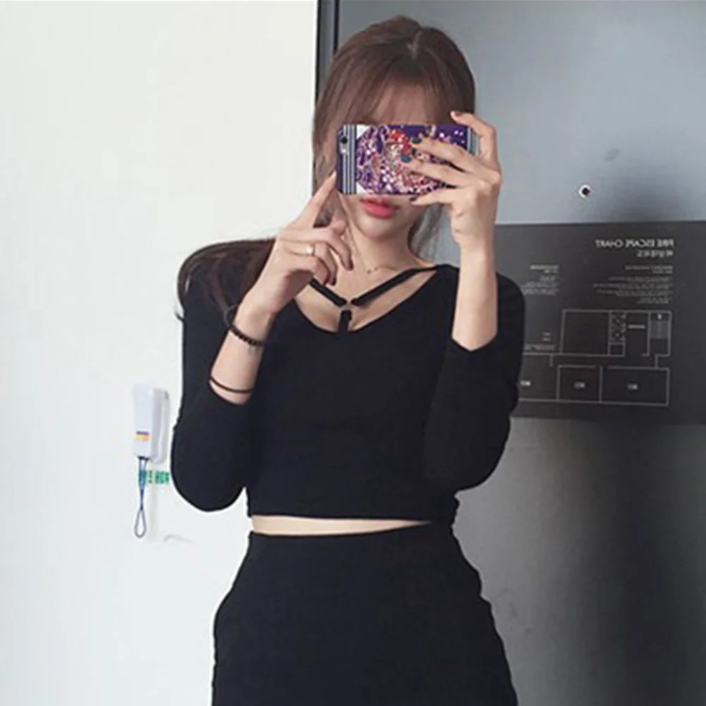 Модный женский однотонный пикантный укороченный топ с круглым вырезом и длинным