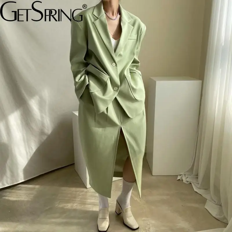 

GetSpring женские костюмы юбки и топы винтажный женский костюм с юбкой однотонный Свободный Повседневный Длинный блейзер с разрезом юбка компл...