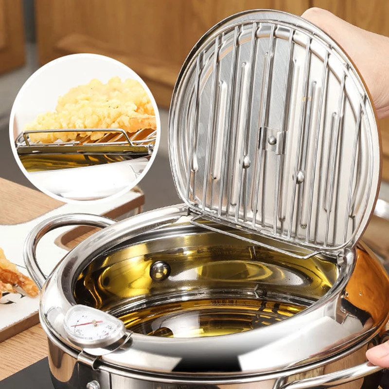 

20cm 24cm Household 304 Stainless Steel Fryer Pan Japanese Fryer Deep Frying Pot With Thermometer Mini Kitchen Frying Supplies