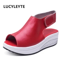 summer sandals female 2018 leather slope with the heel sandals fish mouth thick bottom shakes shoes women sandals