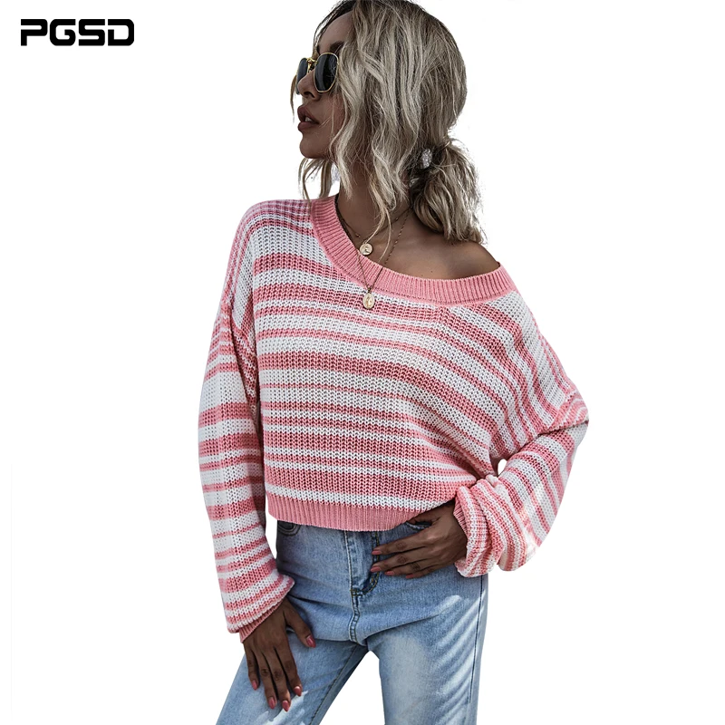 

PGSD Autumn Women's Clothing Pink stripe Loose Sweaters Long sleeves Crew neck Short Knitting