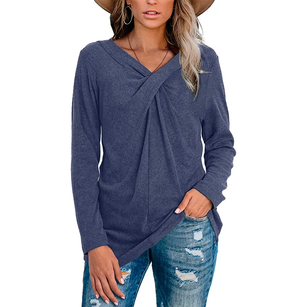 

Pure color pleated decoration V-neck long-sleeved t-shirt casual simple ladies T-shirt pullover