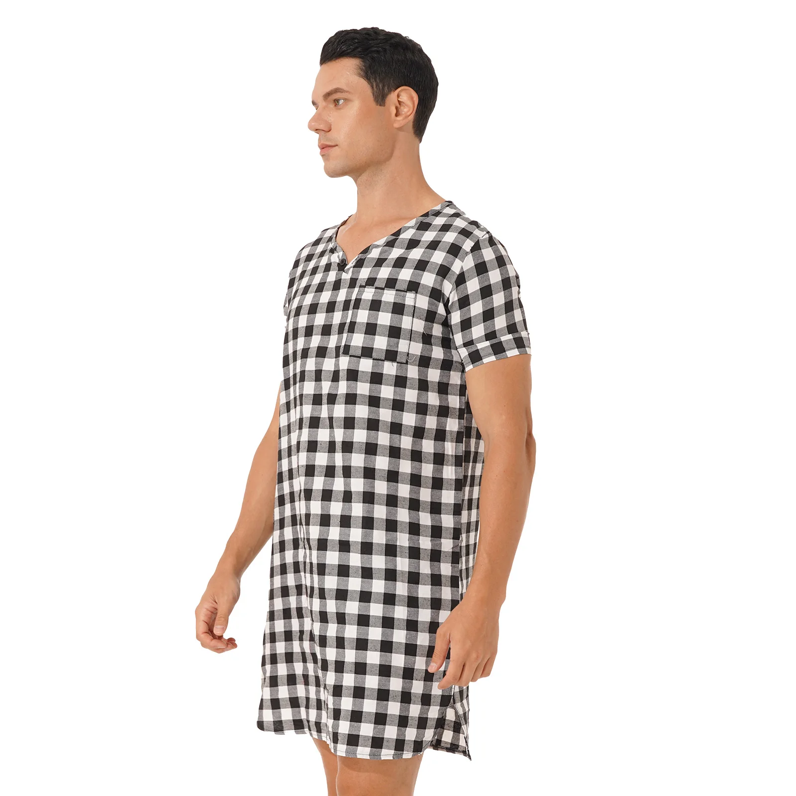 Men Plaid Sleepwear Loungewear V-neck One-piece Shirt Pyjamas Dress with Pockets