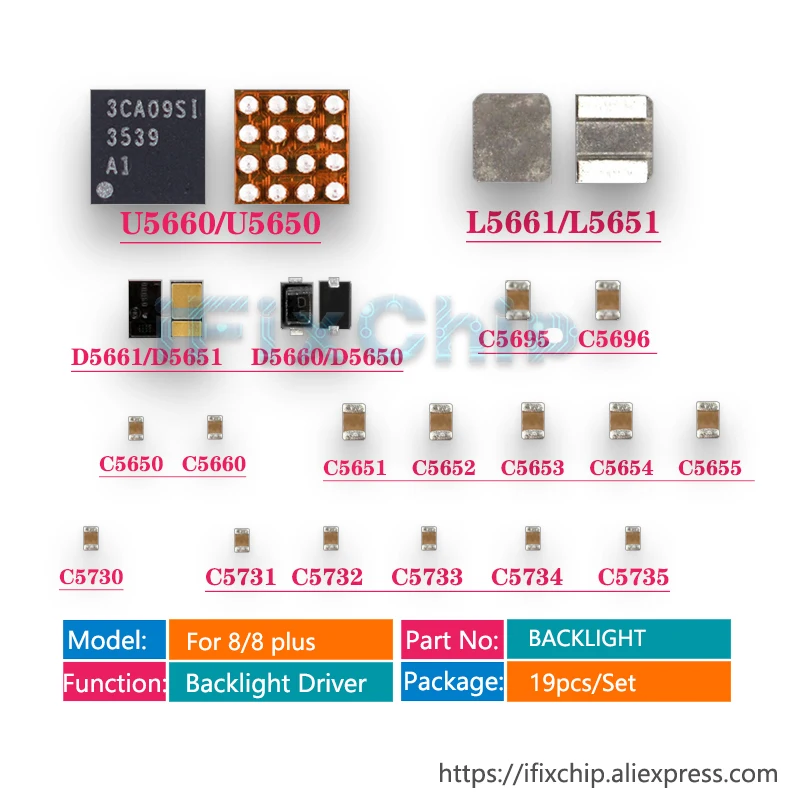 

Комплект для подсветки IC U5650, 5 компл./лот, катушка L5651, Диод D5650, D5651, конденсатор C5730, C5731, C5650, C5695, C5651-C5655 для iphone 8/8 plus