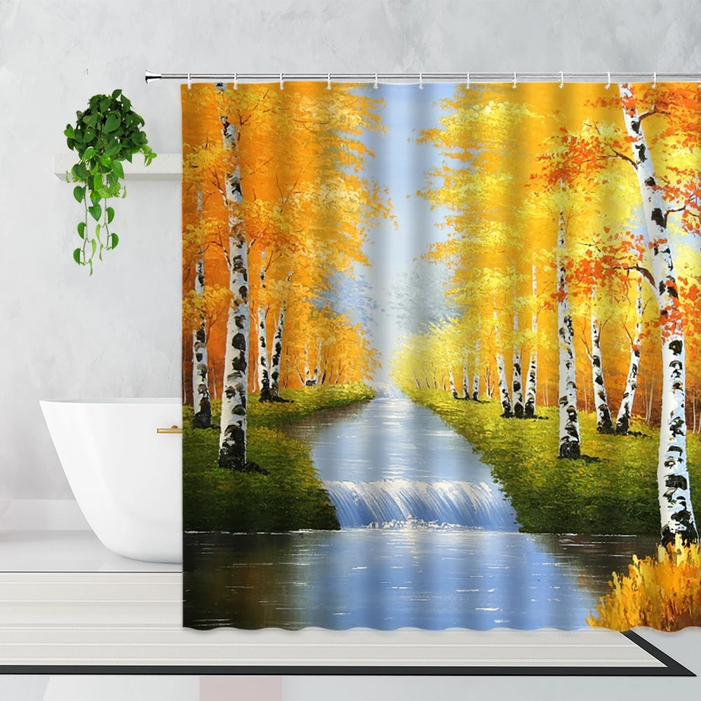 

Oil Painting Landscape Shower Curtain Woods Waterfall Green Forest Home Decor Curtains Set Waterproof Bathtub Screen With Hooks
