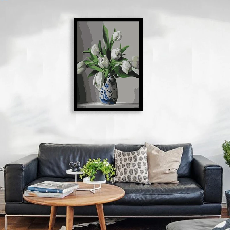 Белые тюльпаны Холст Краска ing цифровая краска по номерам Акриловая Современная