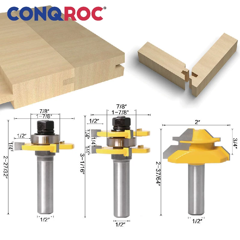 

1/2 "12,7 мм хвостовик Язык и паз фрезы Набор с 45 градусов Блокировка торцевой фрезы деревообрабатывающий фрезерный Комплект для резки