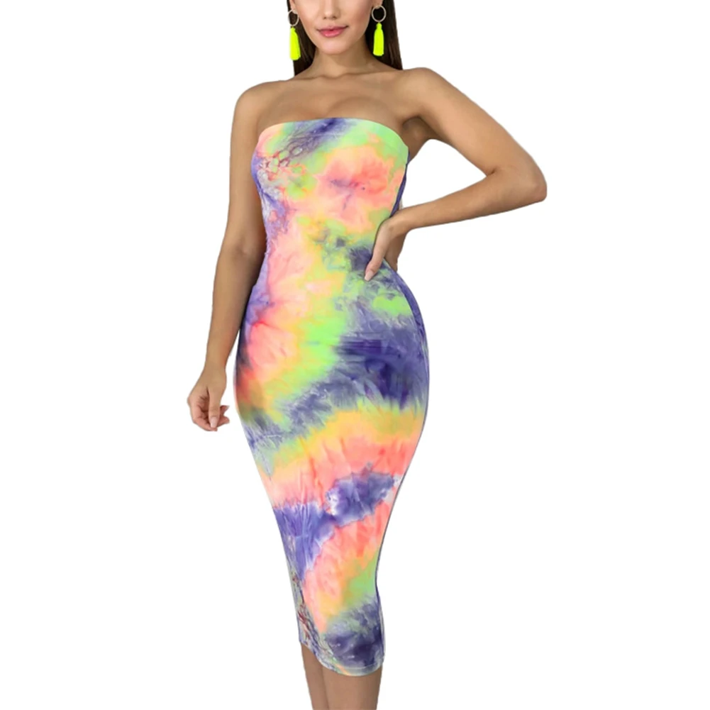 Платье женское летнее без бретелек пикантное облегающее миди рукавов с плоской