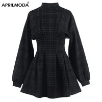 2021 retro vintage rockabilly dress 50s 60s long sleeve england style plaid print swing pin up gothic black casual women dresses