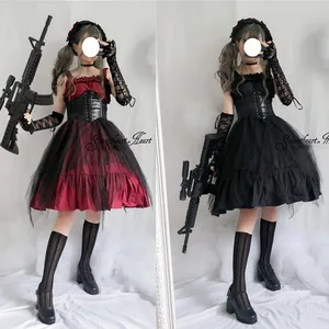 Женское платье без рукавов, винтажное готическое платье в японском стиле, с воланом, на бретельках, с высокой талией