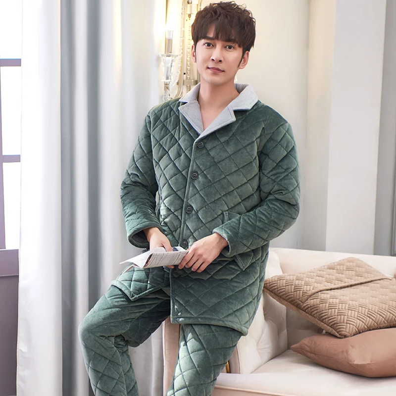 Plus Size 3XL Quilted Sleepwear Long Style Winter Warm Flannel Pajama Set Thick Padded Male Pyjamas Coral Fleece Leisure Outwear