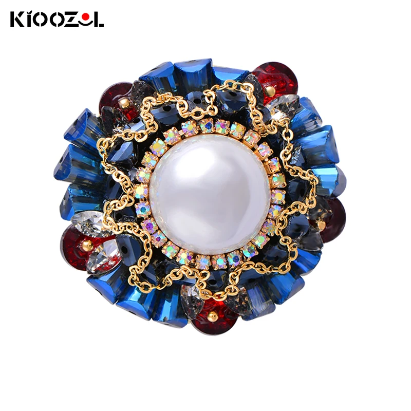 

KIOOZOL Luxury Gothic Style Round Pearl Inlaid Red Green White Color Crystal Brooch for Women Retro Jewelry Accessories 173 KO2