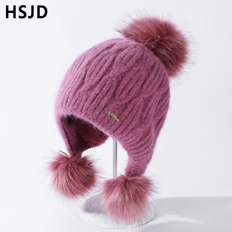 

Winter Beanie Hat Women Sweet lovely Pompom Knitted Hat And Plush Gloves 2Pcs Set Thick Lining Warm Skullies Beanies Female Cap