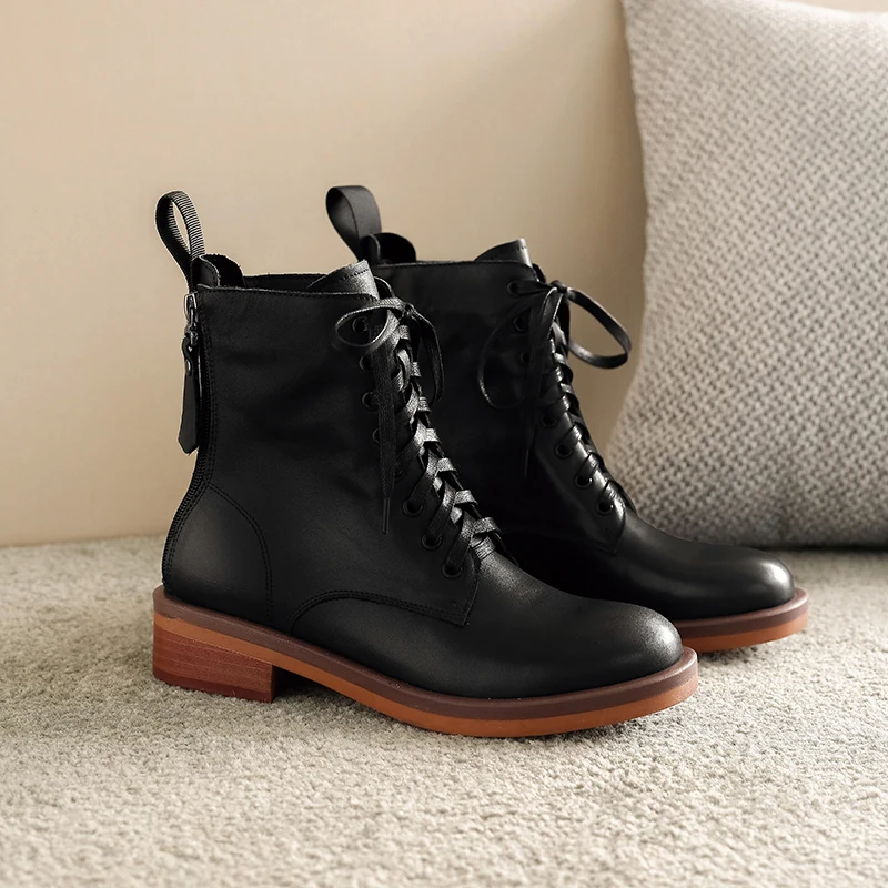 

Vintage Cross Tied Genuine Leather Ladies Boots Zipper Round Toe Thick Heels Pumps Winter Basic Party Shoes Woman size 41 42