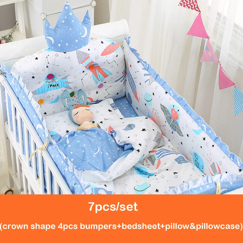 

7pcs/set Baby Crib Bedding Set Cotton Toddler Baby Bed Linens Include Crown Shape Infant Cot Bumpers Bed Sheet Pillow ZT72